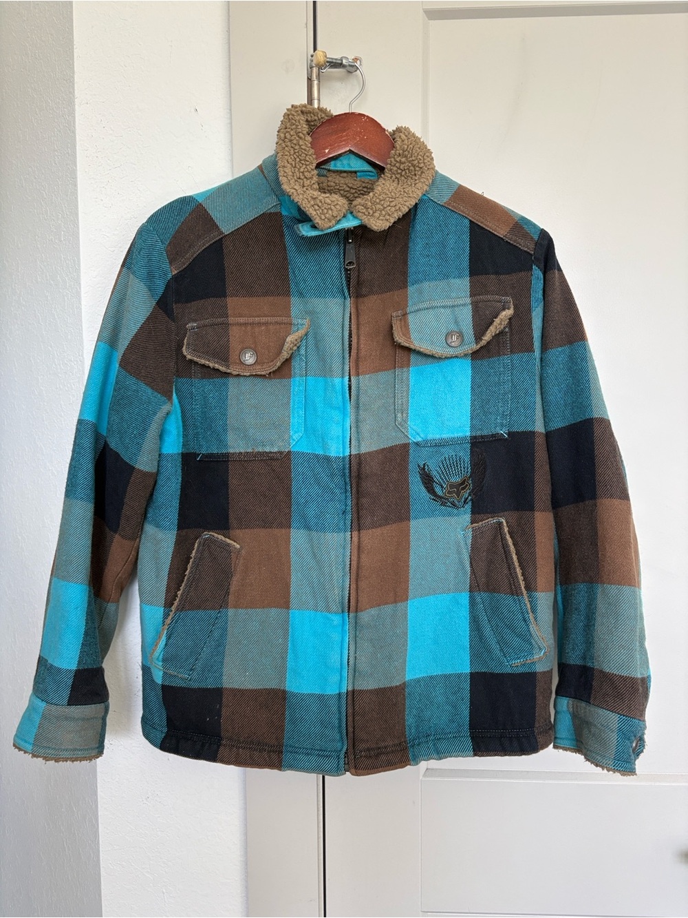 VINTAGE Y2K FOX RACING BLUE BROWN PLAID SHERPA LINED SHACKET MENS SMALL